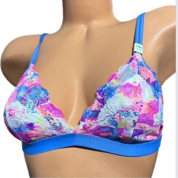 Victoria’s Secret Pink Floral Lace Triangle Unlined bralette bra Small - Picture 1 of 4